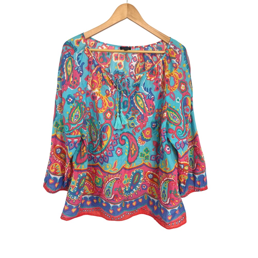 Talbots Blouse Women XL Multi Paisley Tassel Boho Peasant Top Lightweight Beachy